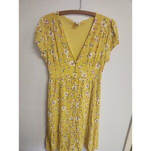 Urban Romantics Boho Floral Empire Waist Dress L Yellow Button Front Short Slv